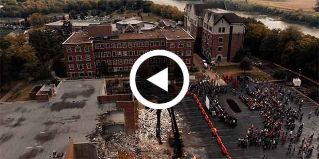 An aerial photo of the library ground breaking event